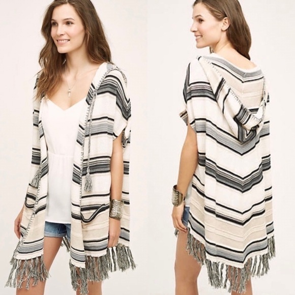 NWT Anthropologie Moth Calexico Hooded Striped Fringe Kimono Cardigan - Picture 1 of 7